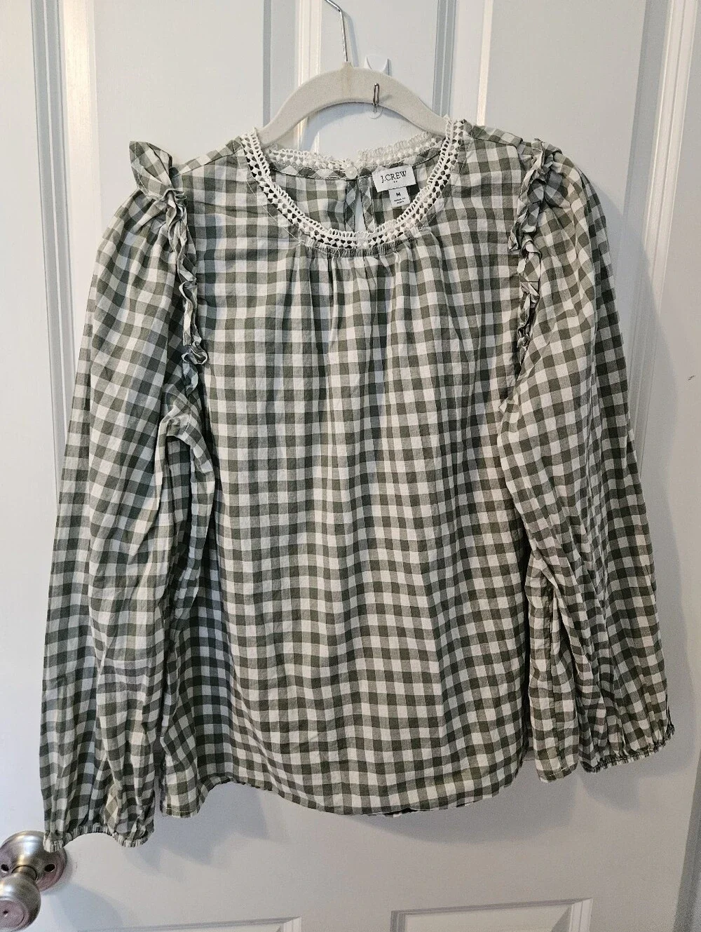 J. Crew Checked Puff-Sleeve Blouse in Sage Green